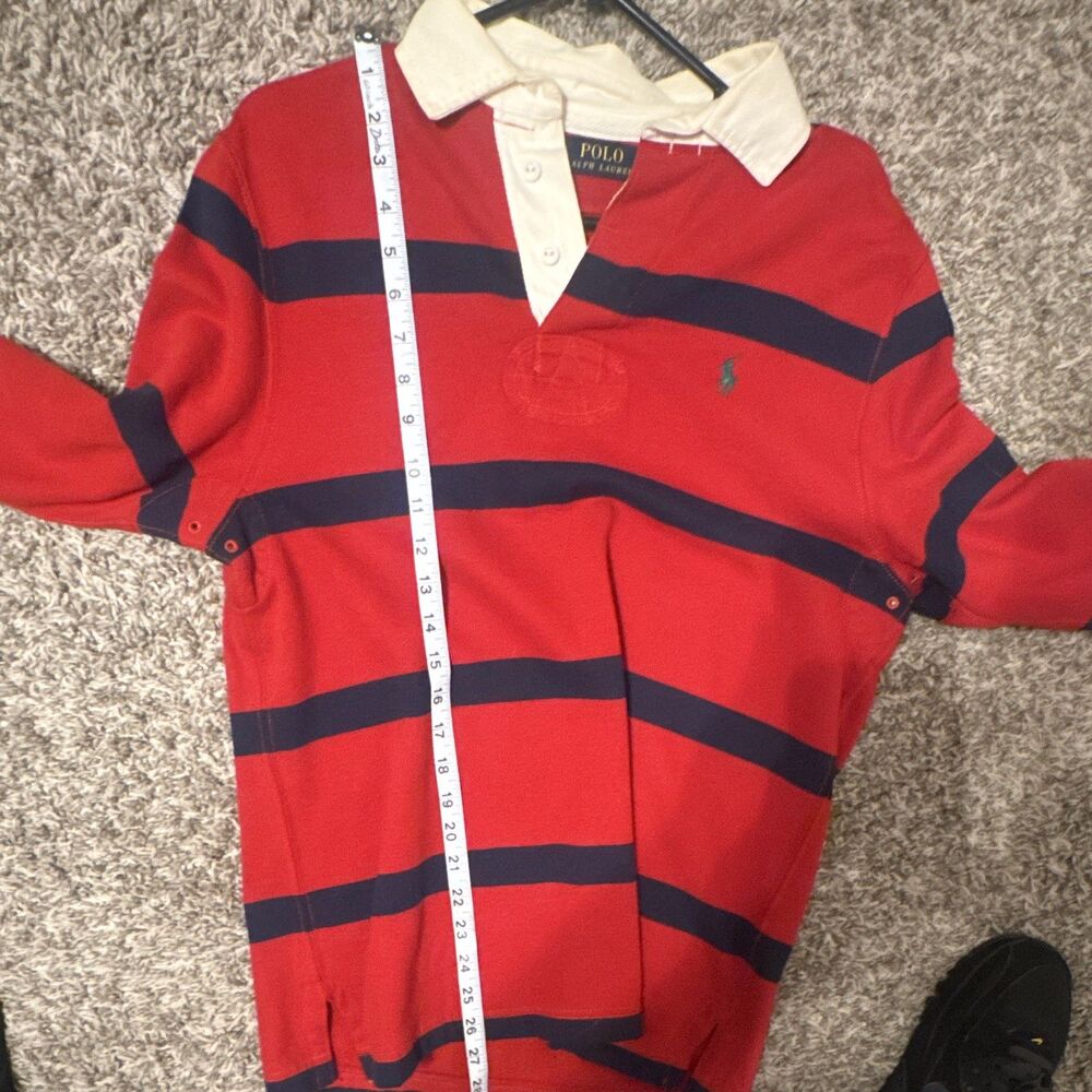 Polo Ralph Lauren Men's SMALL Red/Navy/White Striped Long Sleeve Logo Polo - Picture 2 of 4